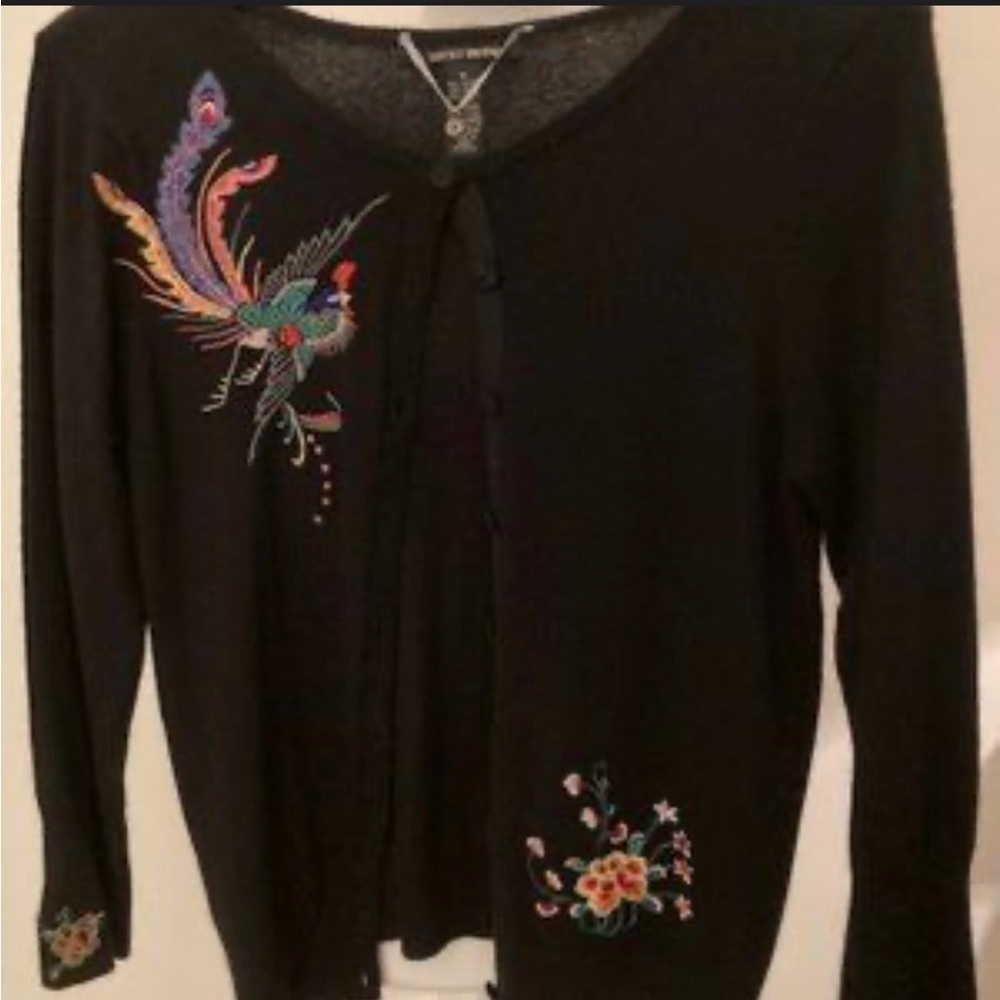 Lucky Brand Black Cardigan with Colorful Embroidered Peacock Bird